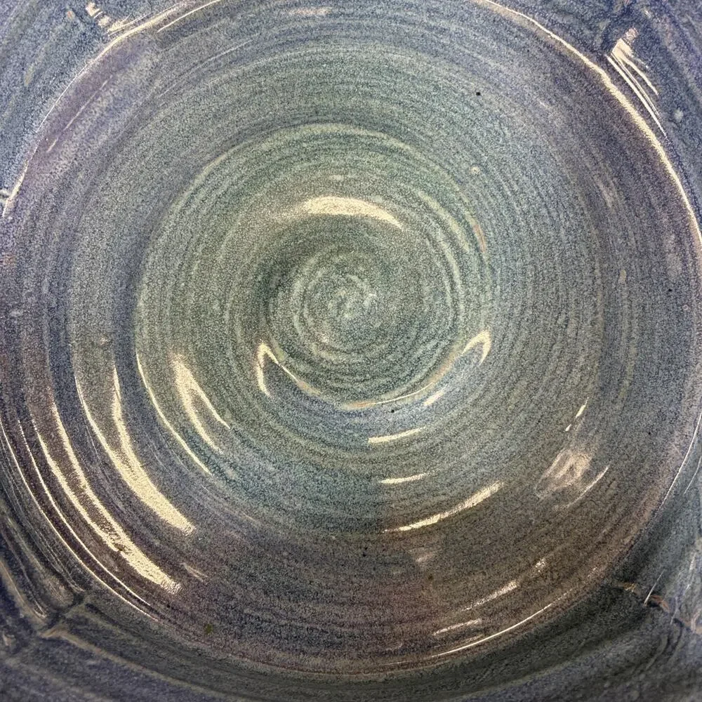 VTG Signed Studio Art Pottery Two Handled Decorative Bowl Blue Glaze 9